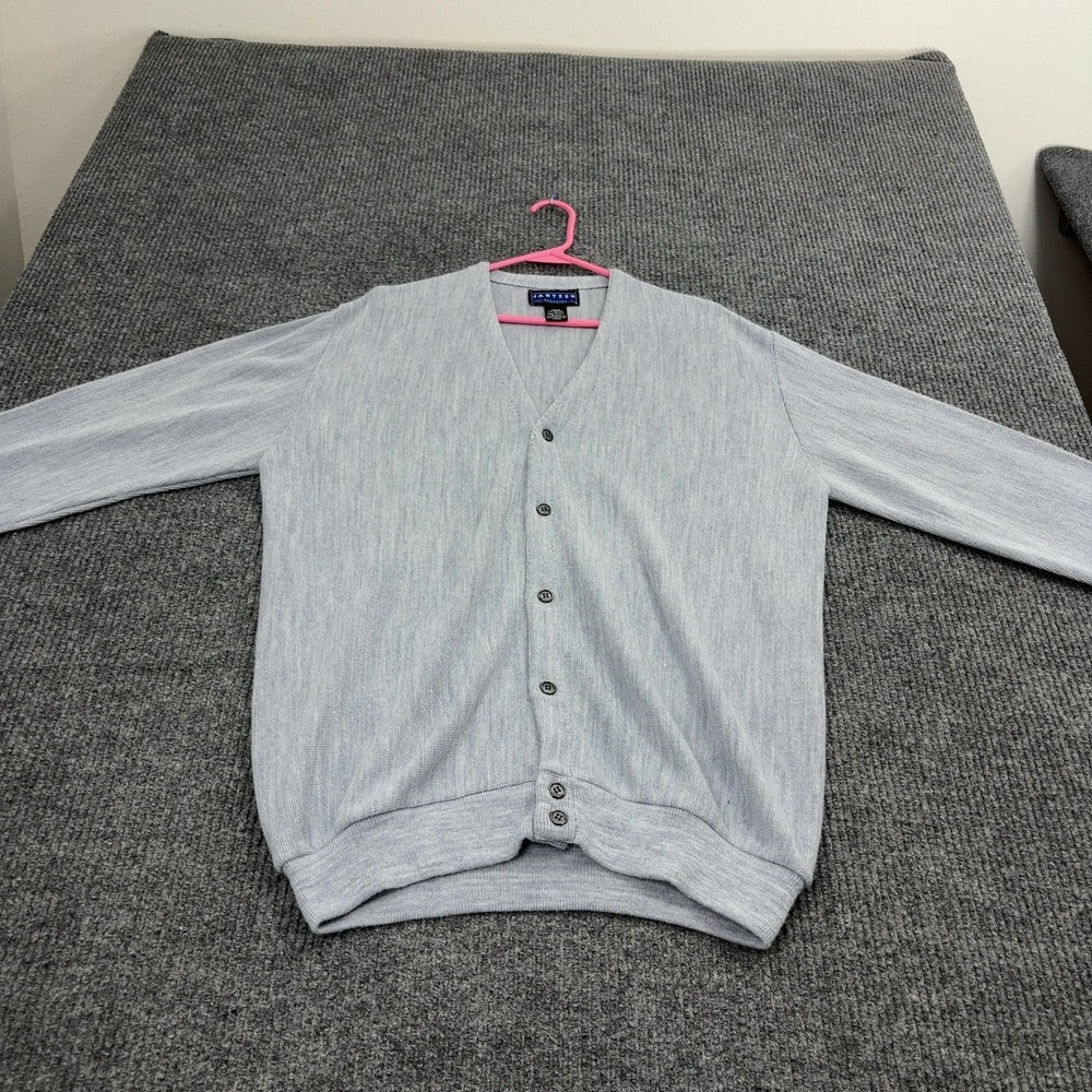 Vintage Jantzen Cardigan Mens M Grey Acrylic Knit Button Up Classic Preppy